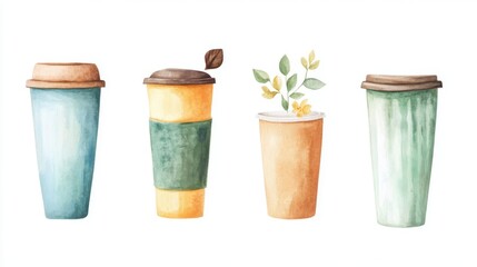 A set of coffeethemed bookmarks, stationary element, watercolor illustration, soft pastel colors, isolated on white background