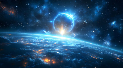 Obraz premium A celestial body with a bright blue aura, seen from the surface of an alien planet covered in clouds.