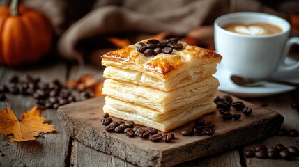 A rustic table setting featuring freshly baked sweet puff pastry, stacked elegantly next to a white cup of cappuccino, surrounded by coffee beans and a cozy autumn ambiance