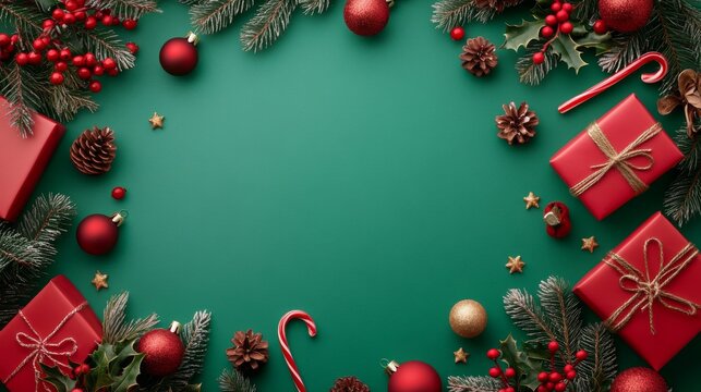 Festive Holiday Background with Red and Green Christmas Decorations and Copy Space for Text