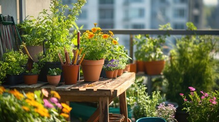 A sunlit balcony filled with vibrant potted plants, herbs, and flowers, creating a lush, green urban garden oasis..