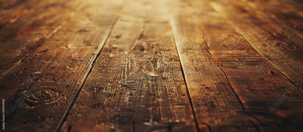 Poster macro close up of a vintage style wooden table with a grainy texture providing an empty format for a