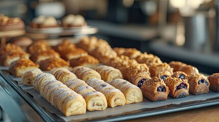 A selection of cromboloni in different flavors like blueberry, almond, and honey, arranged neatly on a baking tray with a blurred cafe background