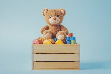 Toy box full of baby kid toys. Container with teddy bear, wooden rattles, stacking pyramid and wood blocks on light blue background. Cute toys collection for small children. Donation. Generative Ai