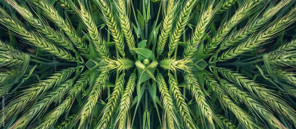 Poster fertile agricultural land with a symmetrical pattern of green cereal crop sprouts such as wheat barl