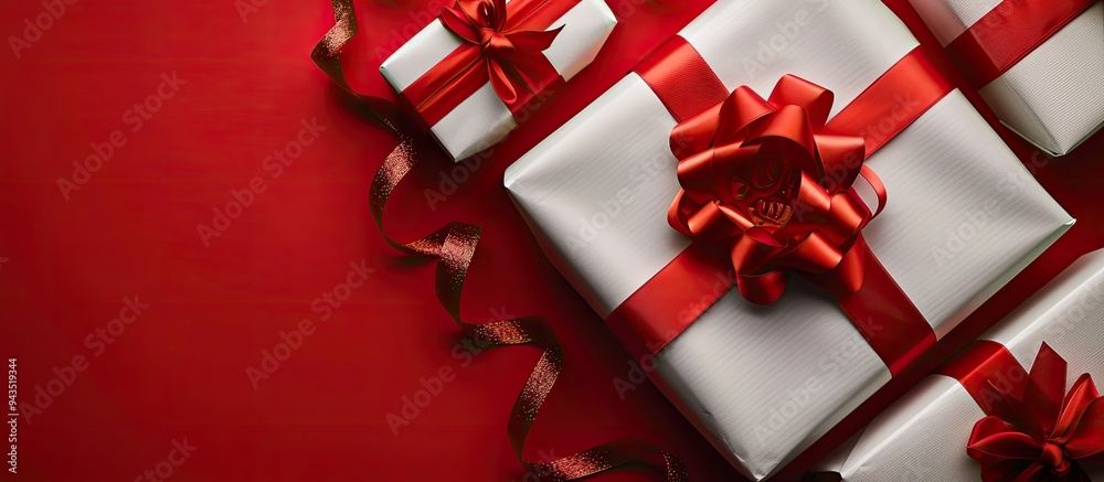 Poster top down view of gift boxes with a red ribbon on a matching red background creating an appealing cop