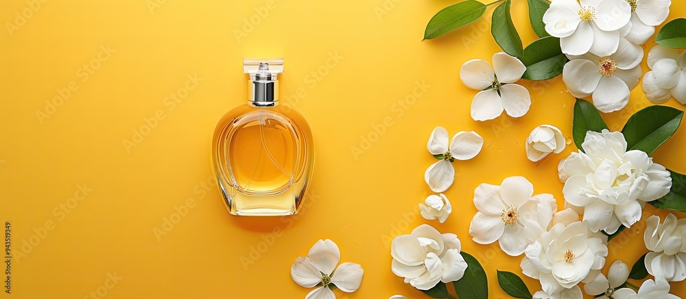 Poster Top view of a perfume bottle and white flowers on a yellow background with copy space image for perfumery cosmetics and fragrance collections