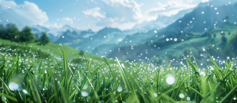 Poster mountain landscape with green grass background sparkling water droplets and a blue sky creating a se