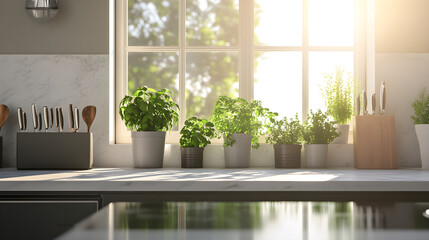 Fototapeta premium A modern kitchen interior showcasing sleek appliances and vibrant herbs basking in sunlight through a large window
