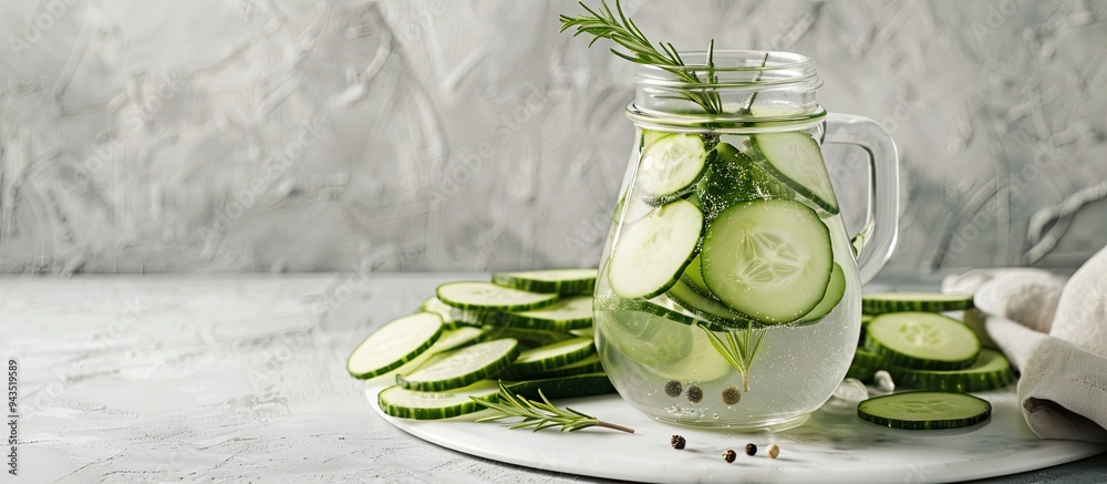 Aufkleber a jug of cucumber water with rosemary sits alongside vegetables on a white table providing ample spa