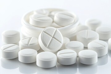 A close-up of white pills scattered on a white surface, one pill is in focus with a cross scored on the top, the others are blurry in the background.