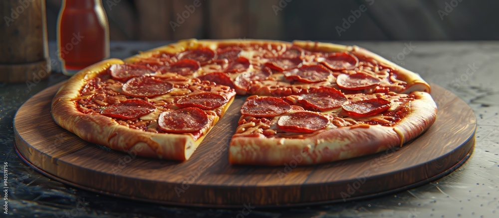 Poster a pepperoni pizza cut into six slices is displayed on a wooden platter in a copy space image