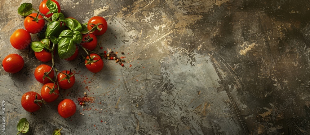 Poster A fresh arrangement of cherry tomatoes and basil on a textured surface perfect for creating tomato sauce suitable for vegans ideal for salads organic ingredients with a designated spot for text in a