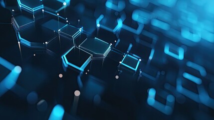 A sleek and futuristic technology background with 3D hexagonal shapes, digital lines, and a gradient blue backdrop, symbolizing advanced tech