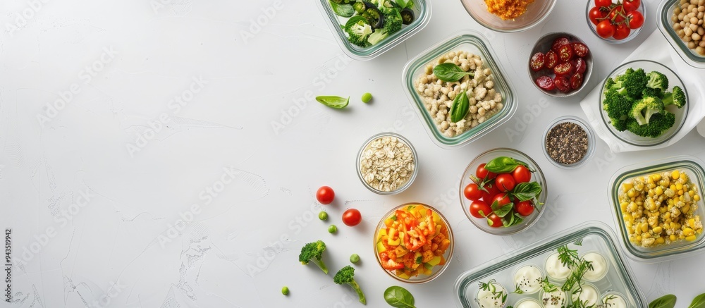 Aufkleber Glass containers with various healthy meals on a white backdrop in a flat lay composition with ample space for text in the image