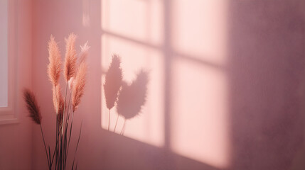 A muted pink wall with soft lighting casts gentle shadows of decorative plants, creating a peaceful and serene atmosphere in a cozy interior space