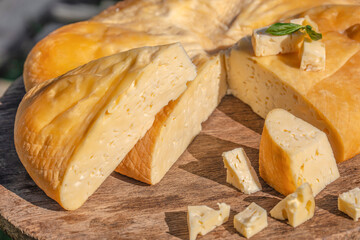 Cheese with big holes. Pieces of delicious cheese on wooden board