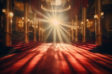 Grand Entrance with Red Carpet and Dramatic Lighting
