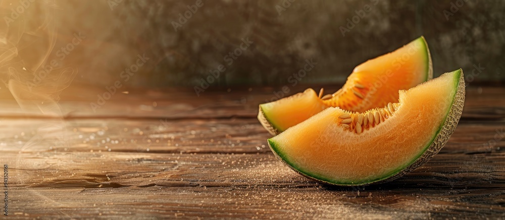 Poster fresh sliced muskmelon isolated on a wooden background with copy space image
