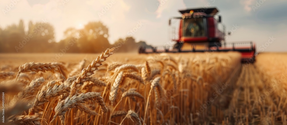 Poster A close up image of mature wheat in a farm field with a combine harvester in a blurred background providing ample copy space for additional elements