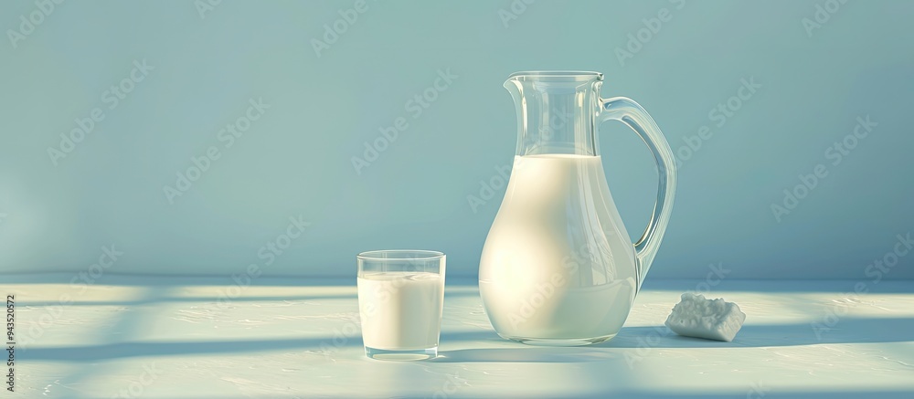 Poster Fresh milk in a carafe and glass is placed on a table set against a light blue background creating a perfect copy space image
