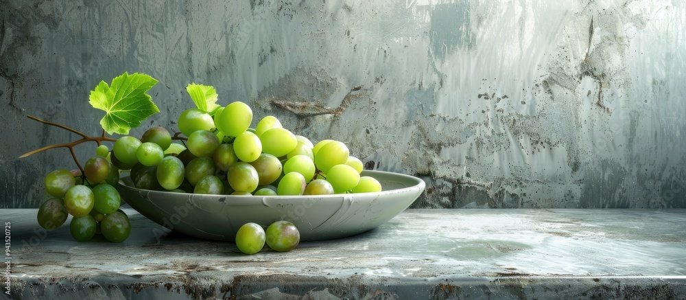 Poster Plate with juicy green grapes and foliage on weathered grunge background perfect as a copy space image