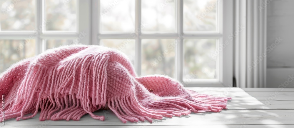 Poster Pink blanket with fringes displayed on a white wooden table with copy space image