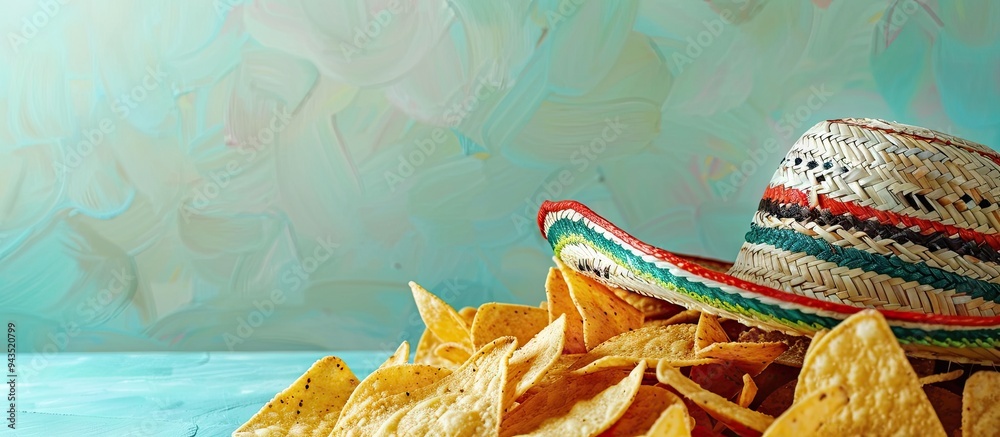 Poster a flat lay image featuring nacho chips and a mexican sombrero hat on a light blue backdrop with ampl