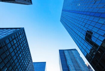 Fototapeta premium Looking Up modern high-rise office buildings with blue sky in the background, ai