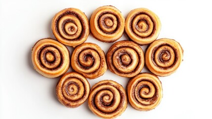 Fototapeta premium A top view of freshly baked cinnamon rolls, arranged in a tight circle, isolated on a white background, with emphasis on the spiral patterns and rich filling