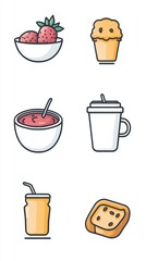 A bright assortment of essential breakfast foods, showcasing fruits, muffins, smoothies, and more in a minimalist design
