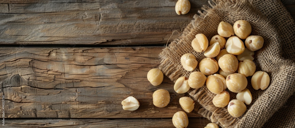 Poster macadamia nuts arranged beautifully on a wooden table with copy space image