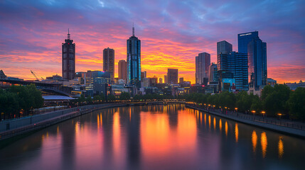 Fototapeta premium Urban skyline at sunset featuring high-rise buildings reflecting on the calm river under a colorful sky