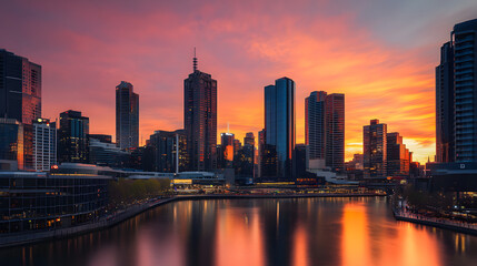 Fototapeta premium Urban skyline at sunset showcases high-rise buildings reflecting vibrant colors on the water, creating a stunning cityscape scene