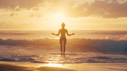Fototapeta premium A young woman practices yoga on a beach at sunset, standing in a serene pose with the ocean waves gently crashing around her