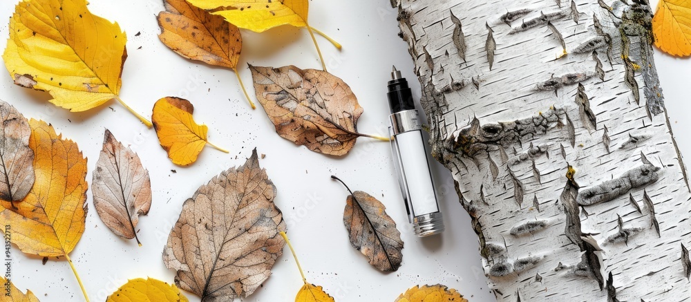 Poster Close up image showcasing a highlighter leaves and tree bark set against a white background with copy space image