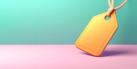 A vibrant yellow tag hanging on a string against a pastel background, ideal for pricing or branding purposes in marketing.