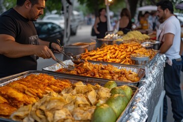 Cultural Food Festival: An outdoor food festival with stands offering various Hispanic delicacies, with people sampling food and enjoying the cultural experience. 
