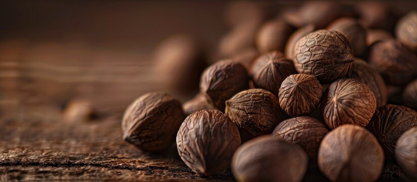 An isolated heap of nutmeg arils known as javitri with a mace shell providing copy space in a horizontal image of Myristica fragrans