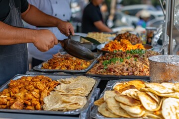 Cultural Food Festival: An outdoor food festival with stands offering various Hispanic delicacies, with people sampling food and enjoying the cultural experience. 