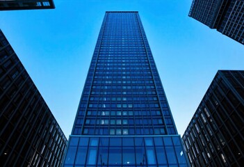 Fototapeta premium Looking Up modern high-rise office buildings with blue sky in the background, ai