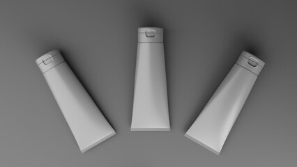 Blank white cosmetic bottles mockup on grey background. 3D rendering illustration