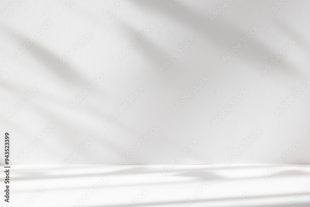 Poster Abstract white color studio background for product presentation. Empty room with shadows of window and flowers and plant leaves . 3d room with copy space. Summer concert. Blurred backdrop.