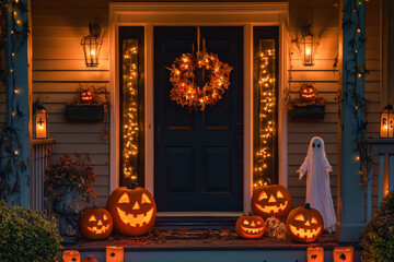 A charming Halloween porch decorated with smiling jack-o'-lanterns, cozy candle lanterns, friendly ghost figures, and a whimsical wreath on the door, all bathed in soft, warm lighting