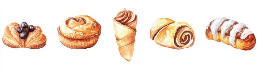 A selection of assorted pastries, bakery element, watercolor illustration, soft tones, isolated on white background