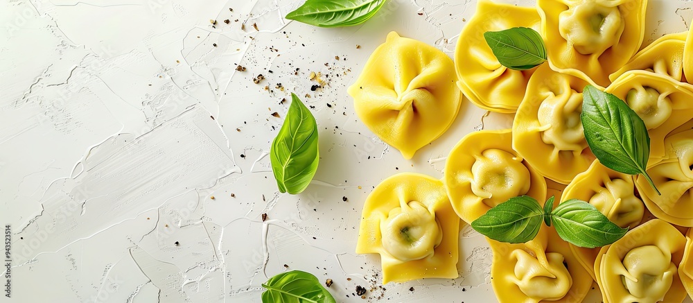 Poster italian pasta filled with basil leaves such as tortelli or tortelloni creating a copy space image