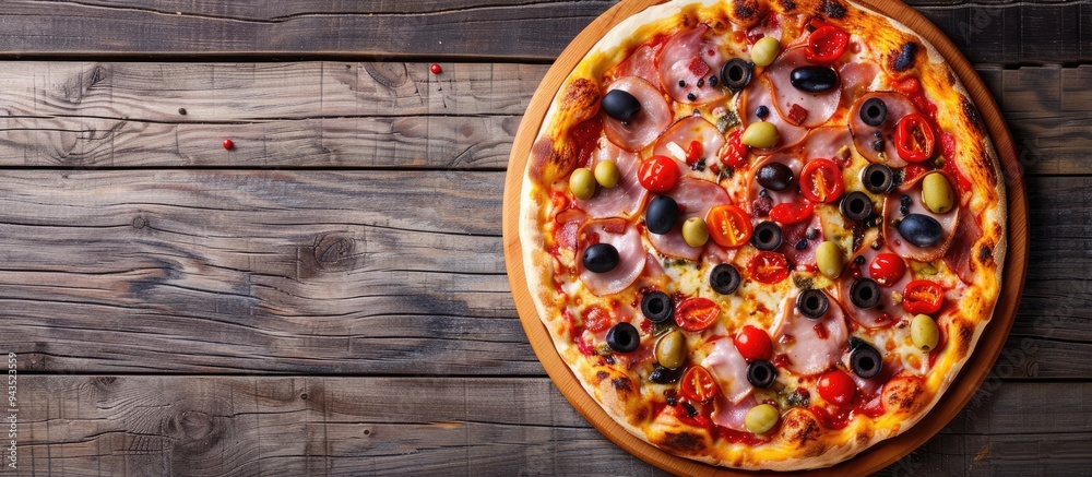 Aufkleber top view photo of delicious pizza with cured ham olives sun dried tomato and pepper on a wooden surf