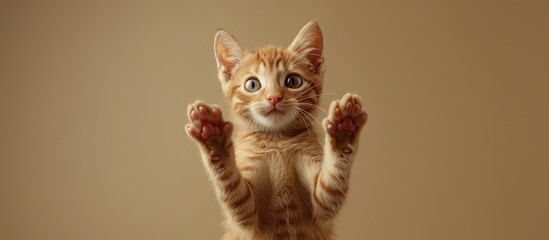 Fototapeta premium An indoor scene with a young ginger cat standing and holding an advertisement in its paws against a copy space image