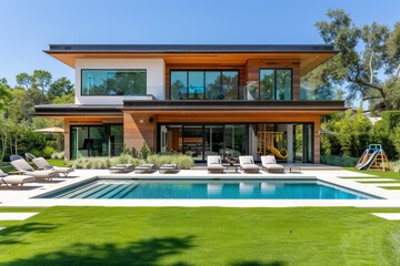 Fototapeta premium Upscale Modern Two-Story Home in Beverly Hills with Pool, Grassy Yard, Lawn Chairs, and Kids' Play Area; Large Windows, Flat Roof, Wood Accents, and White Concrete Floors