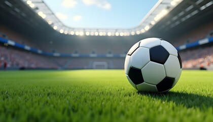 Soccer ball on the green field in soccer stadium. ready for game in the midfield. 3D Illustration, football in ground, football background, game , football concept